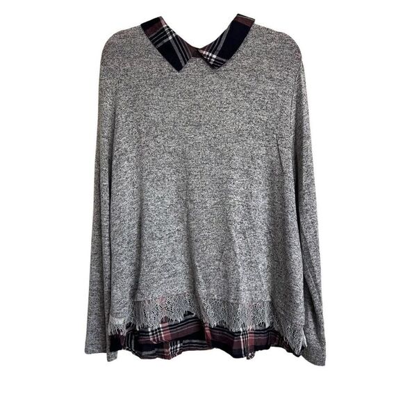 Zac & Rachel Sweater Womens Size XL Gray Pink Plaid Collared Layered Lace Trim - Picture 1 of 10
